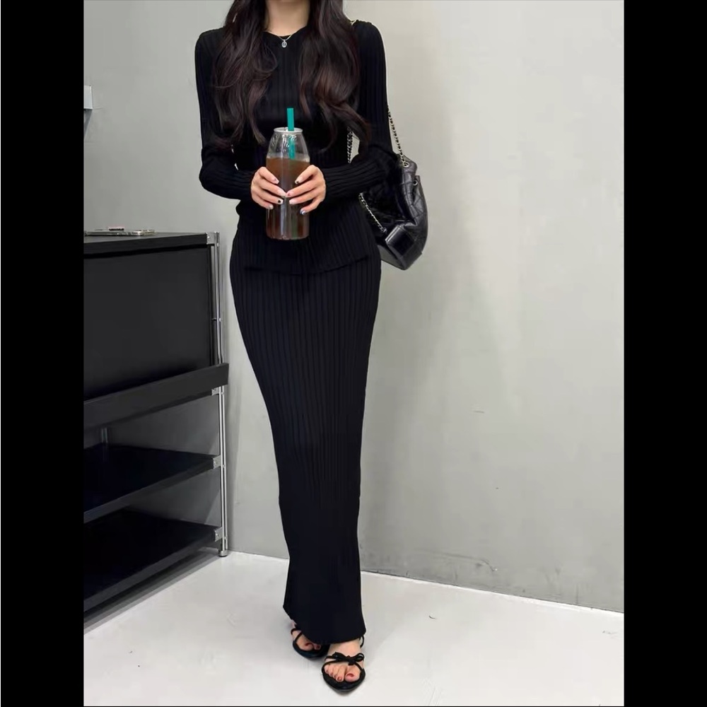 Korea Blossom Black Ribbed Knit Top Skirt Set (Ssense, the row, COS, line by k)